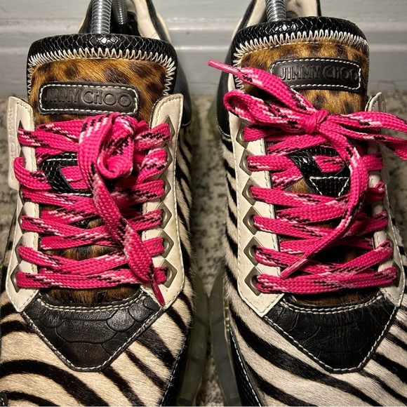 Jimmy Choo Diamond Black & White Zebra Print Lace-Up Sneakers Size 12 - Picture 6 of 12